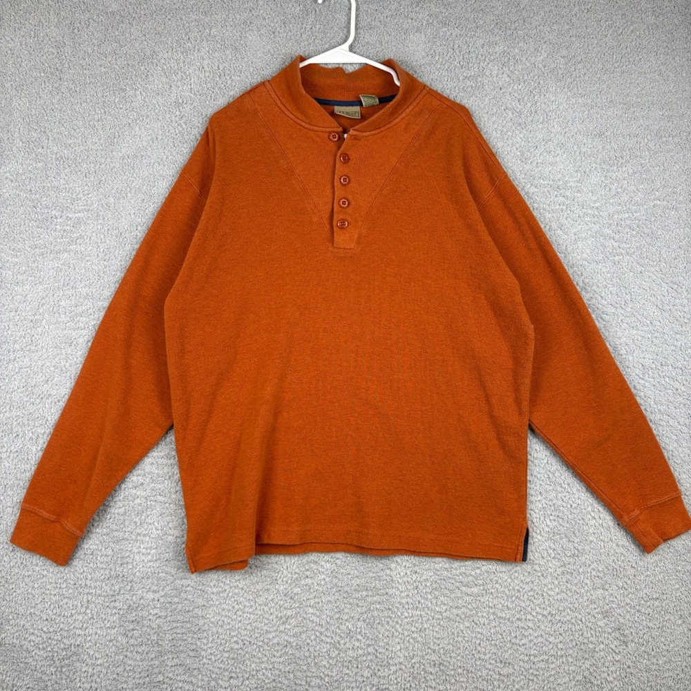 LL Bean Henley Shirt Mens Large Orange Thermal Waffle Knit Long Sleeve Pullover
